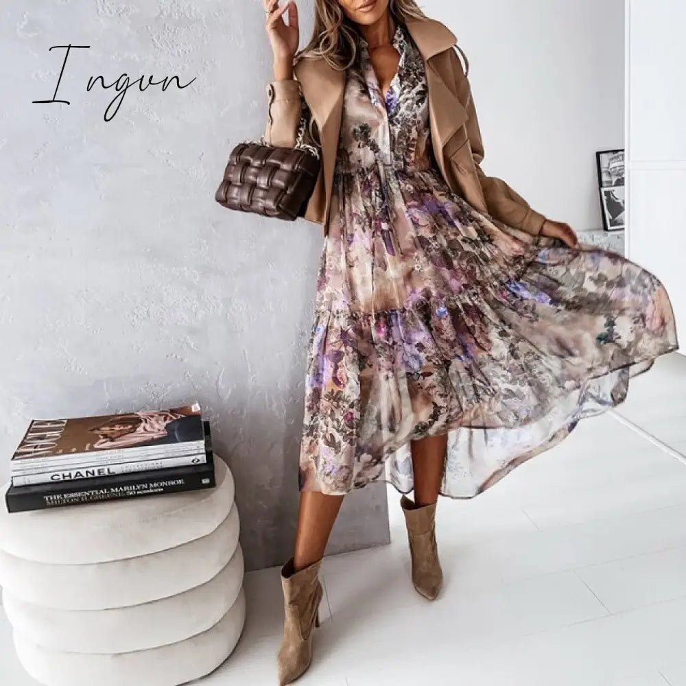 Ingvn - Women Floral Print V Neck Side Slit Party Dress Spring Autumn Long Sleeve Elegant Ladies