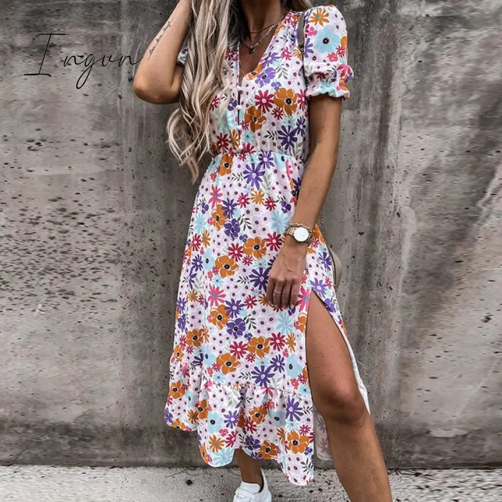 Ingvn - Women Floral Print V Neck Side Slit Party Dress Spring Autumn Long Sleeve Elegant Ladies