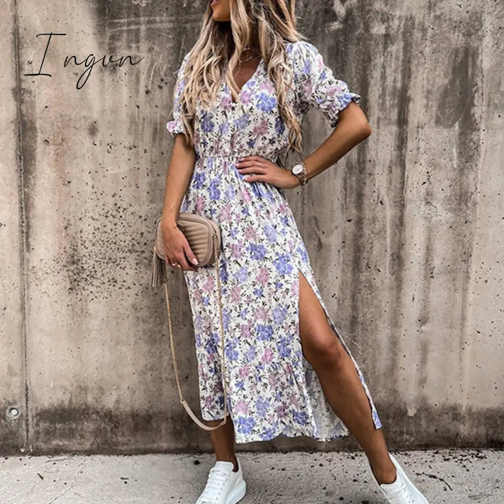 Ingvn - Women Floral Print V Neck Side Slit Party Dress Spring Autumn Long Sleeve Elegant Ladies