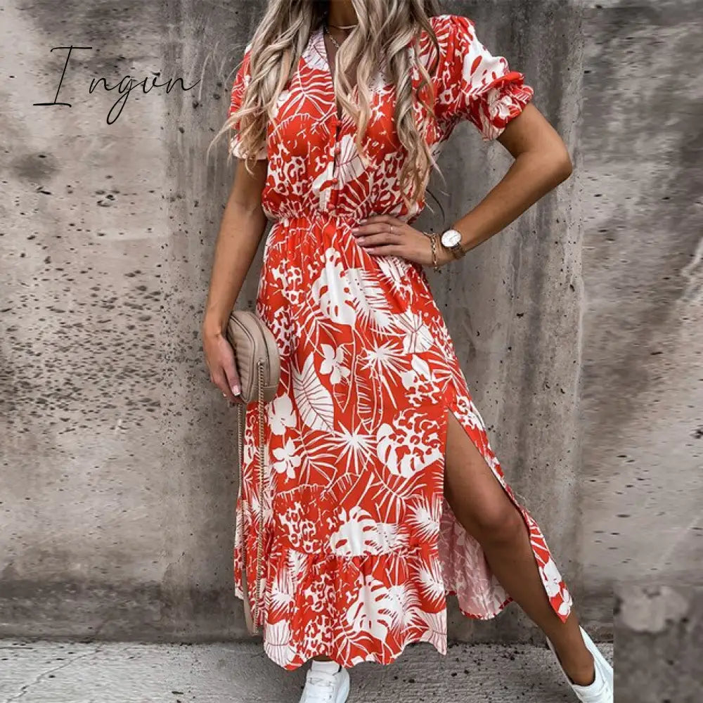 Ingvn - Women Floral Print V Neck Side Slit Party Dress Spring Autumn Long Sleeve Elegant Ladies