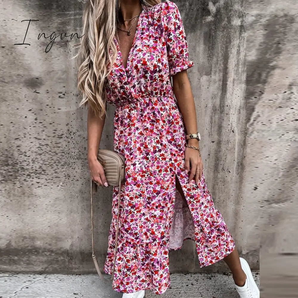 Ingvn - Women Floral Print V Neck Side Slit Party Dress Spring Autumn Long Sleeve Elegant Ladies