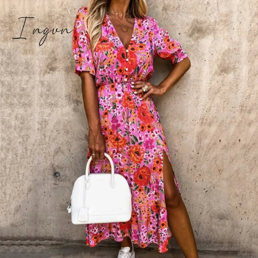 Ingvn - Women Floral Print V Neck Side Slit Party Dress Spring Autumn Long Sleeve Elegant Ladies