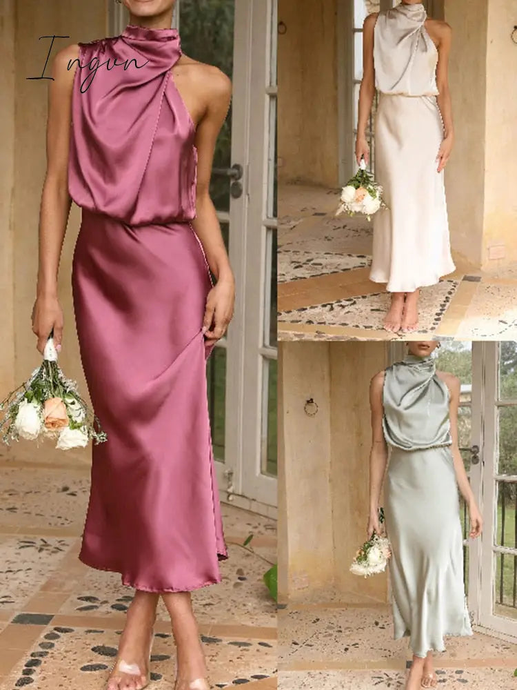 Ingvn - Women Long Dress 2023 Fashion Solid Summer Sleeveless Dresses For Female Elegent Lady Party
