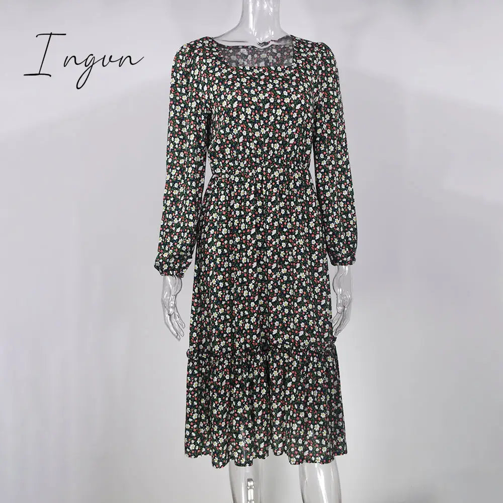 Ingvn - Women Long Dress Autumn Winter Sleeve Elegant Ladies Flower Square Collar Dresses Party