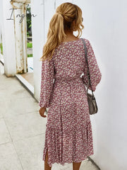 Ingvn - Women Long Dress Autumn Winter Sleeve Elegant Ladies Flower Square Collar Dresses Party