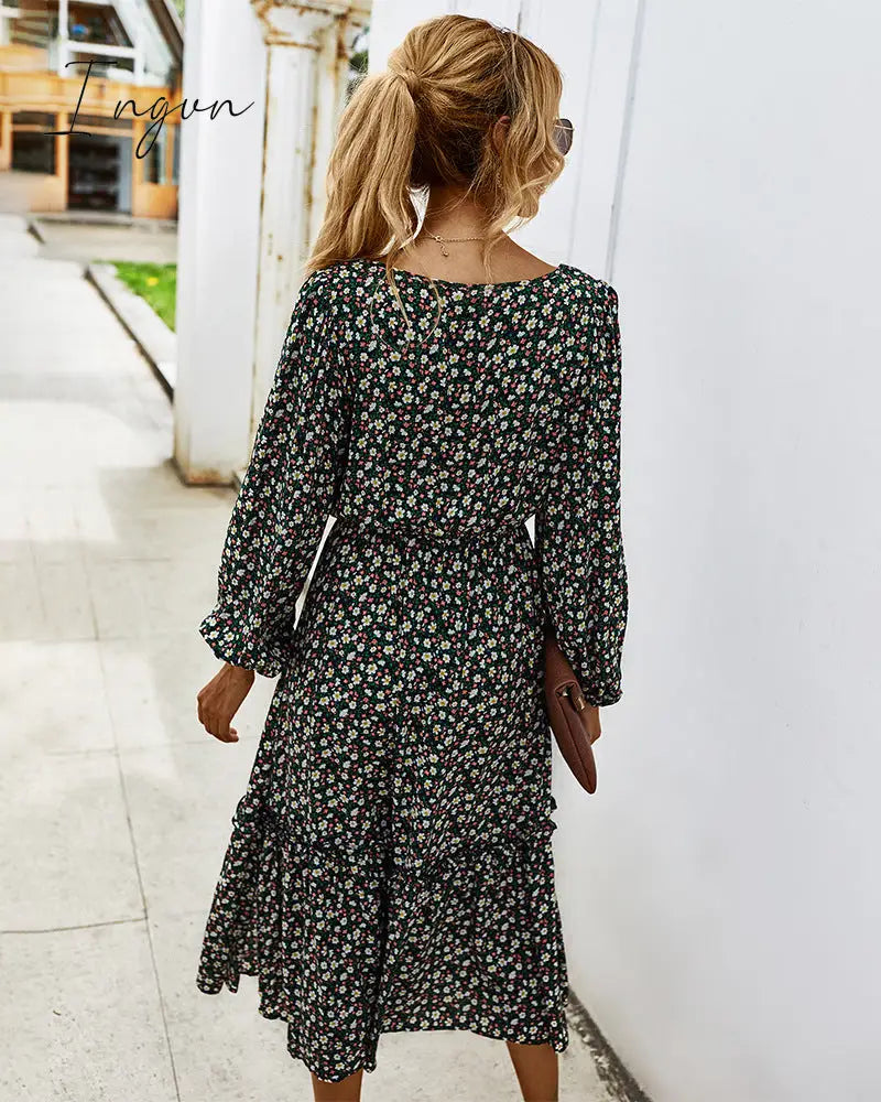 Ingvn - Women Long Dress Autumn Winter Sleeve Elegant Ladies Flower Square Collar Dresses Party