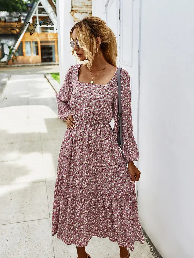 Ingvn - Women Long Dress Autumn Winter Sleeve Elegant Ladies Flower Square Collar Dresses Party