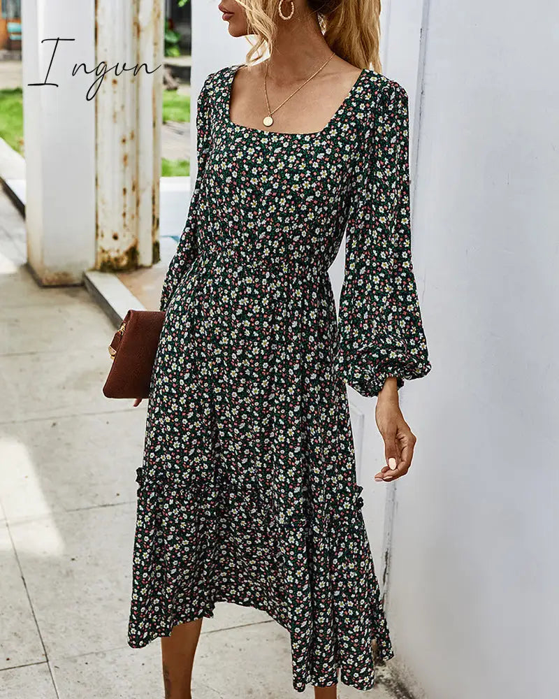 Ingvn - Women Long Dress Autumn Winter Sleeve Elegant Ladies Flower Square Collar Dresses Party