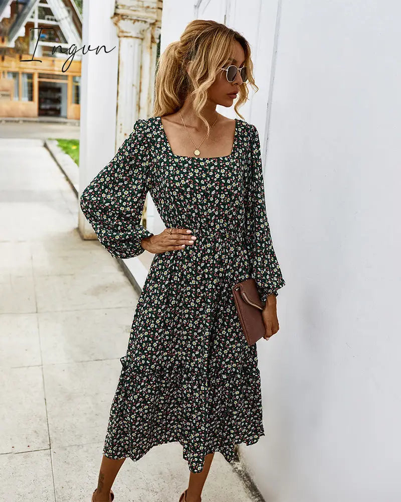 Ingvn - Women Long Dress Autumn Winter Sleeve Elegant Ladies Flower Square Collar Dresses Party