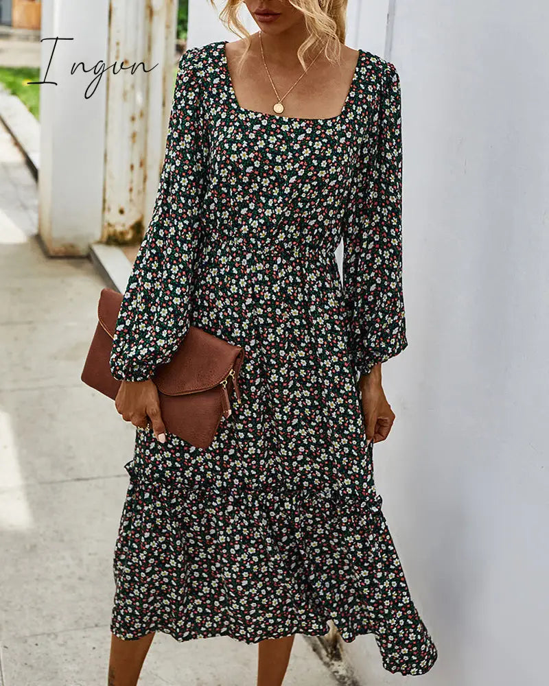 Ingvn - Women Long Dress Autumn Winter Sleeve Elegant Ladies Flower Square Collar Dresses Party