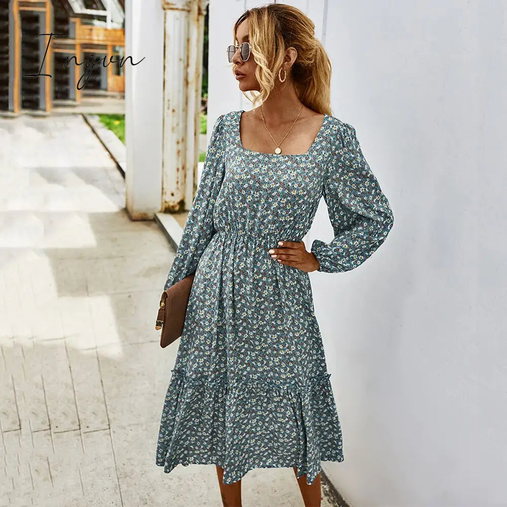 Ingvn - Women Long Dress Autumn Winter Sleeve Elegant Ladies Flower Square Collar Dresses Party
