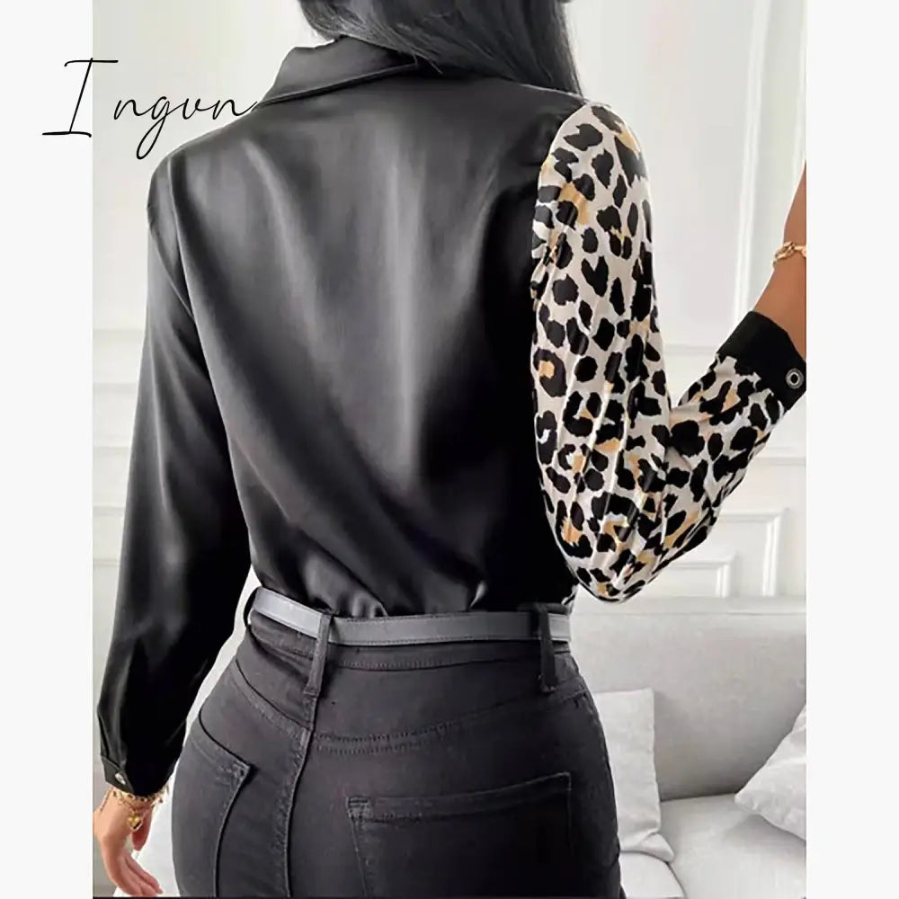 Ingvn - Women Long Sleeve Shirts Autumn New Elegant Satin Blouses Tops Office Leopard Print