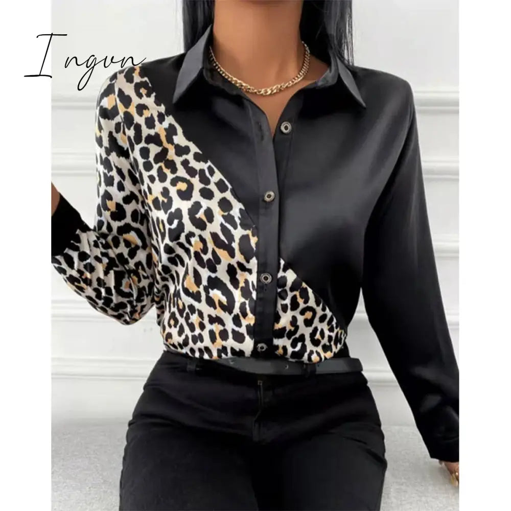 Ingvn - Women Long Sleeve Shirts Autumn New Elegant Satin Blouses Tops Office Leopard Print