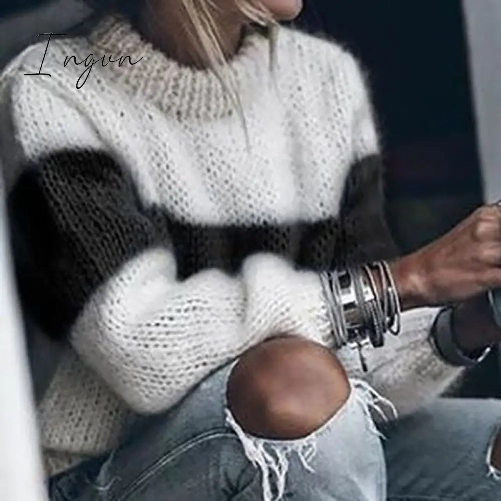 Ingvn - Women Loose Knitted Sweater Autumn Winter O Neck Striped Fuzzy Fluffy Pullovers Vintage