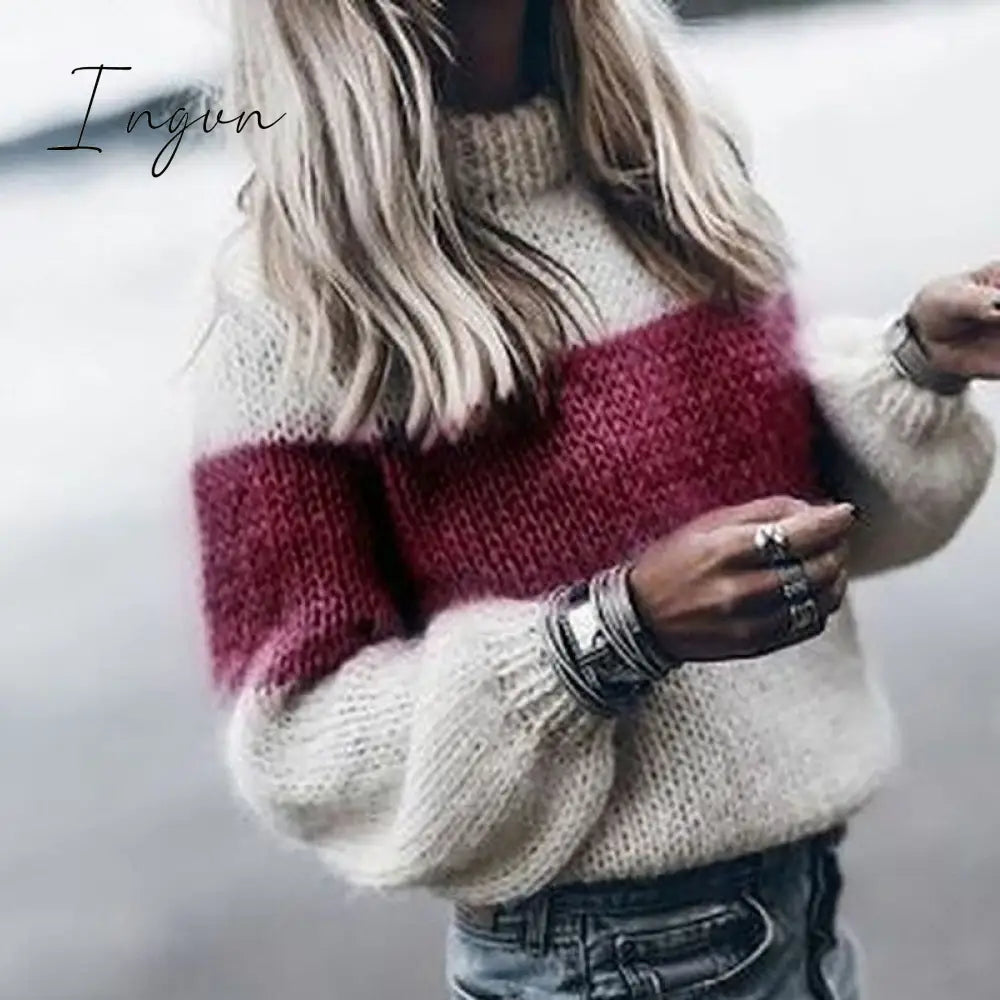 Ingvn - Women Loose Knitted Sweater Autumn Winter O Neck Striped Fuzzy Fluffy Pullovers Vintage