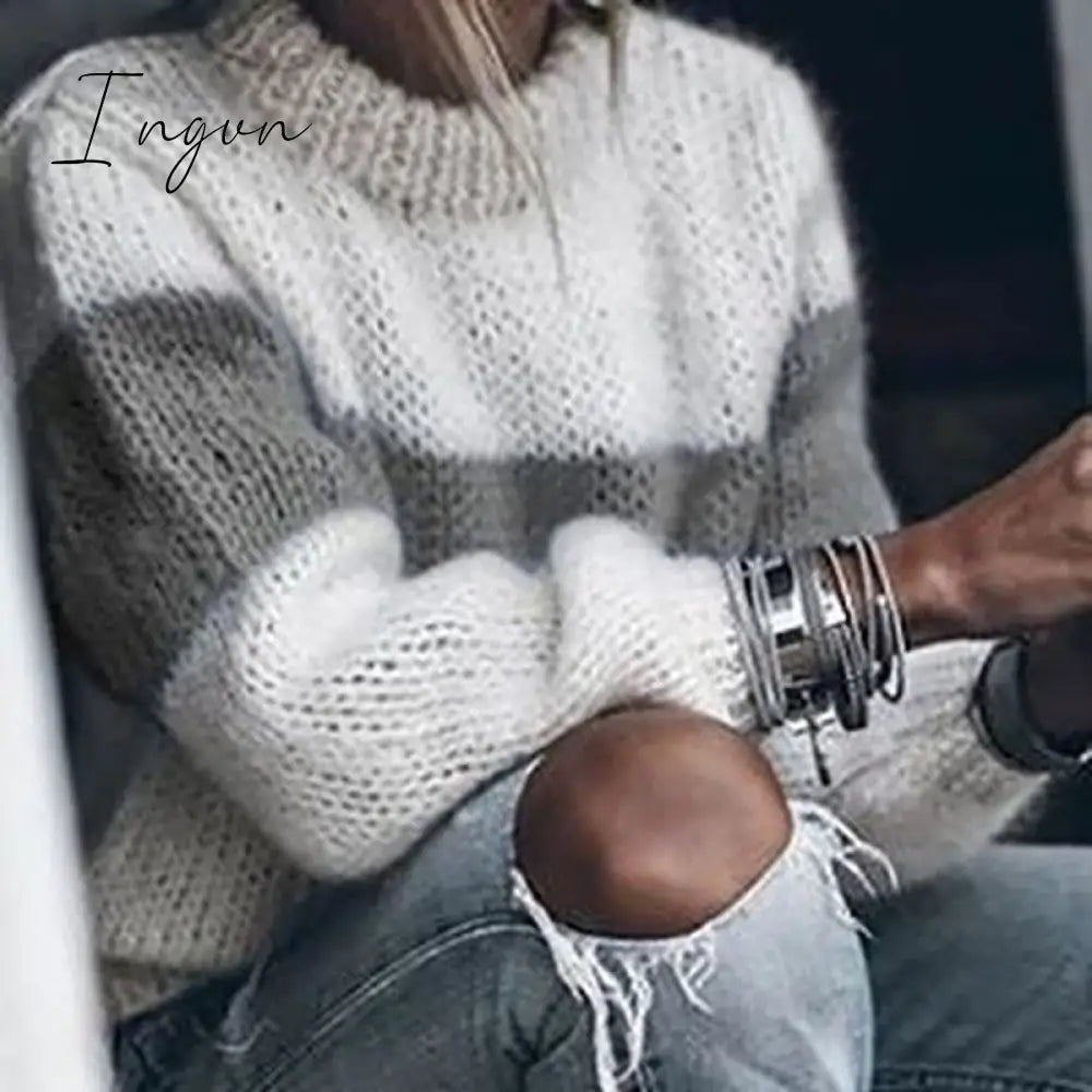Ingvn - Women Loose Knitted Sweater Autumn Winter O Neck Striped Fuzzy Fluffy Pullovers Vintage