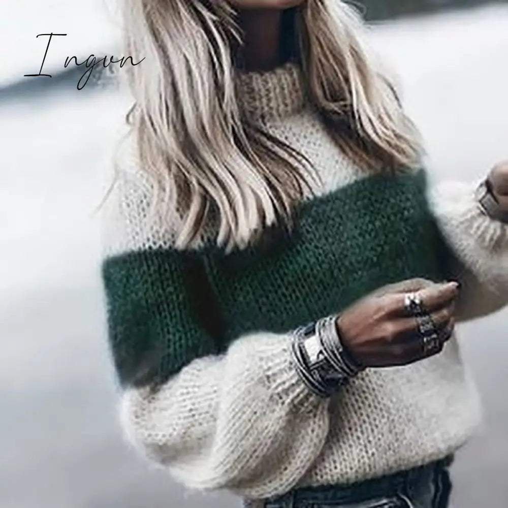 Ingvn - Women Loose Knitted Sweater Autumn Winter O Neck Striped Fuzzy Fluffy Pullovers Vintage
