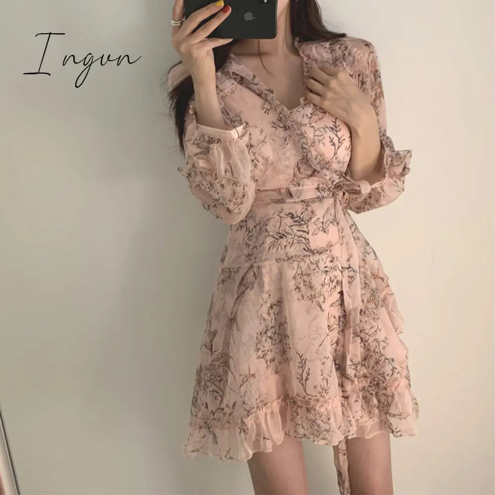 Ingvn - Women Mini Dress Spring New V - Neck Floral Chiffon High Waist Flare Sleeve Female