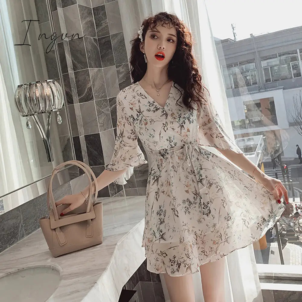 Ingvn - Women Mini Dress Spring New V - Neck Floral Chiffon High Waist Flare Sleeve Female