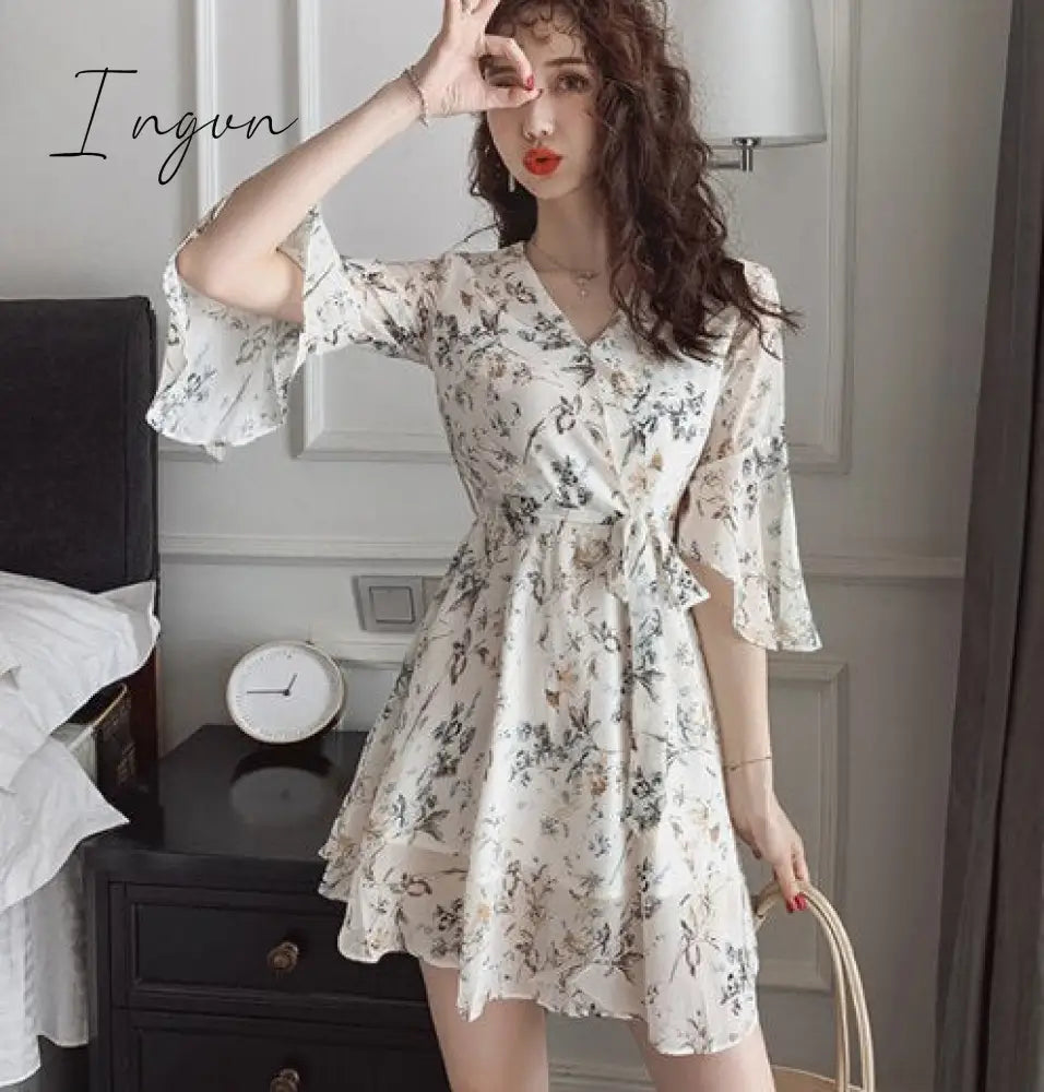 Ingvn - Women Mini Dress Spring New V - Neck Floral Chiffon High Waist Flare Sleeve Female