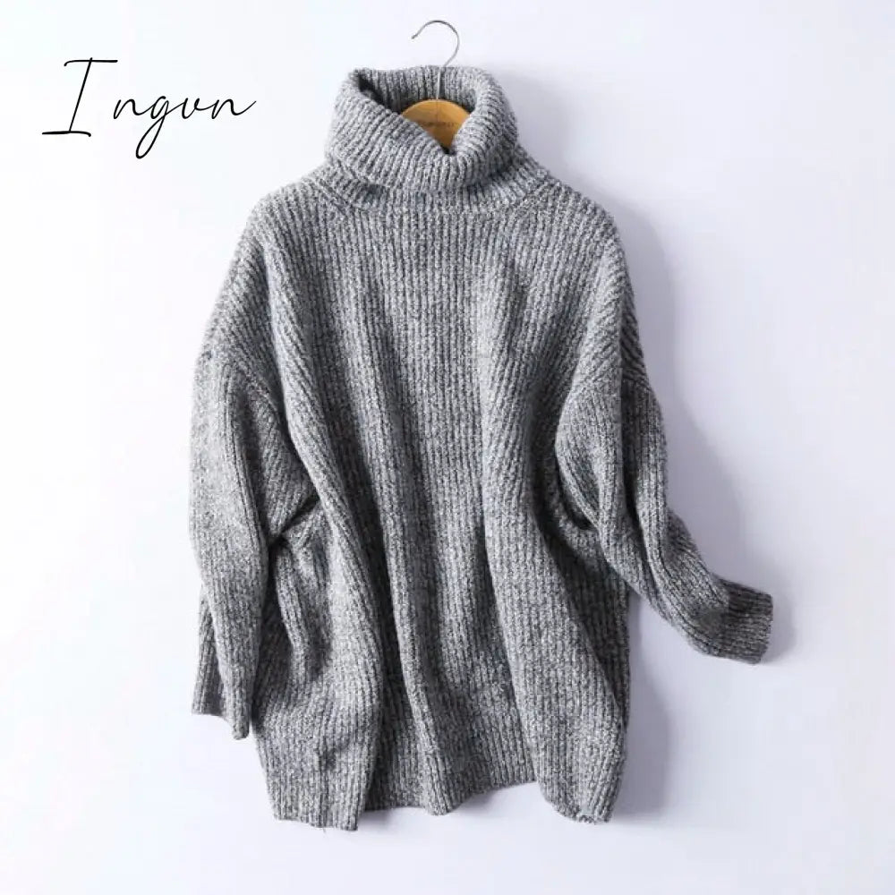 Ingvn - Women Oversize Basic Knitted Turtleneck Sweater Female Solid Collar Pullovers Warm New