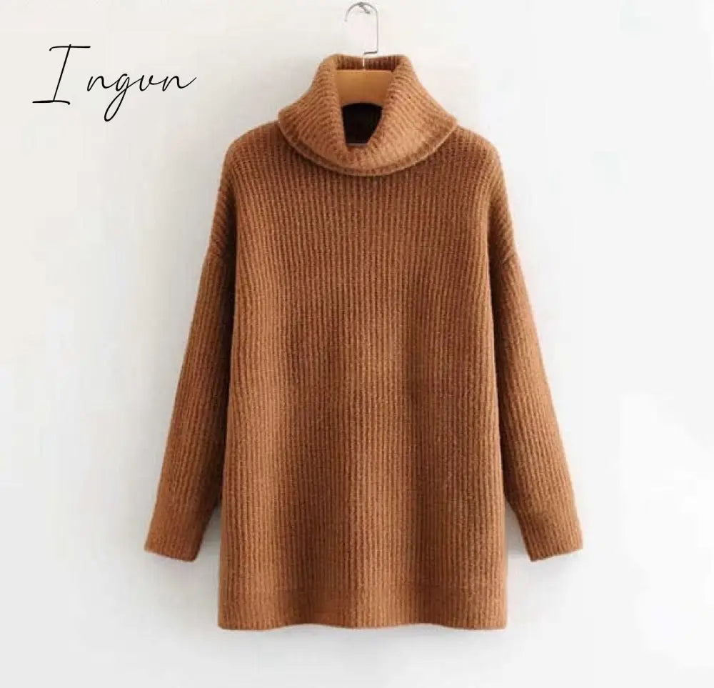 Ingvn - Women Oversize Basic Knitted Turtleneck Sweater Female Solid Collar Pullovers Warm New