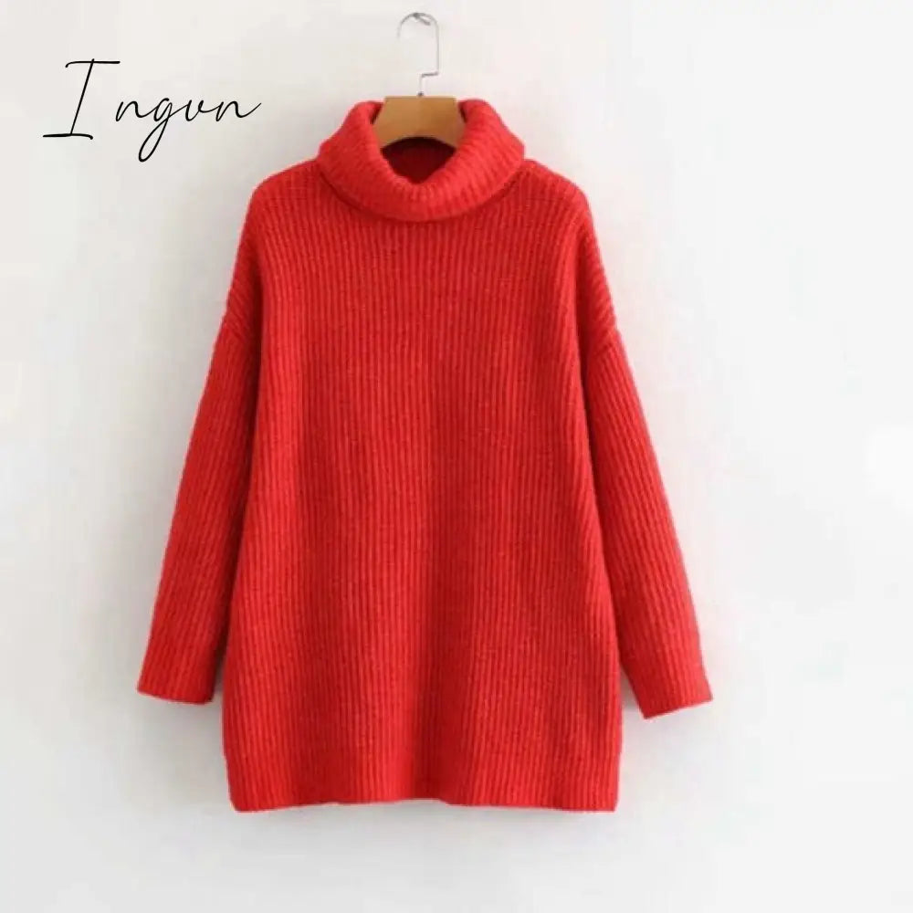 Ingvn - Women Oversize Basic Knitted Turtleneck Sweater Female Solid Collar Pullovers Warm New