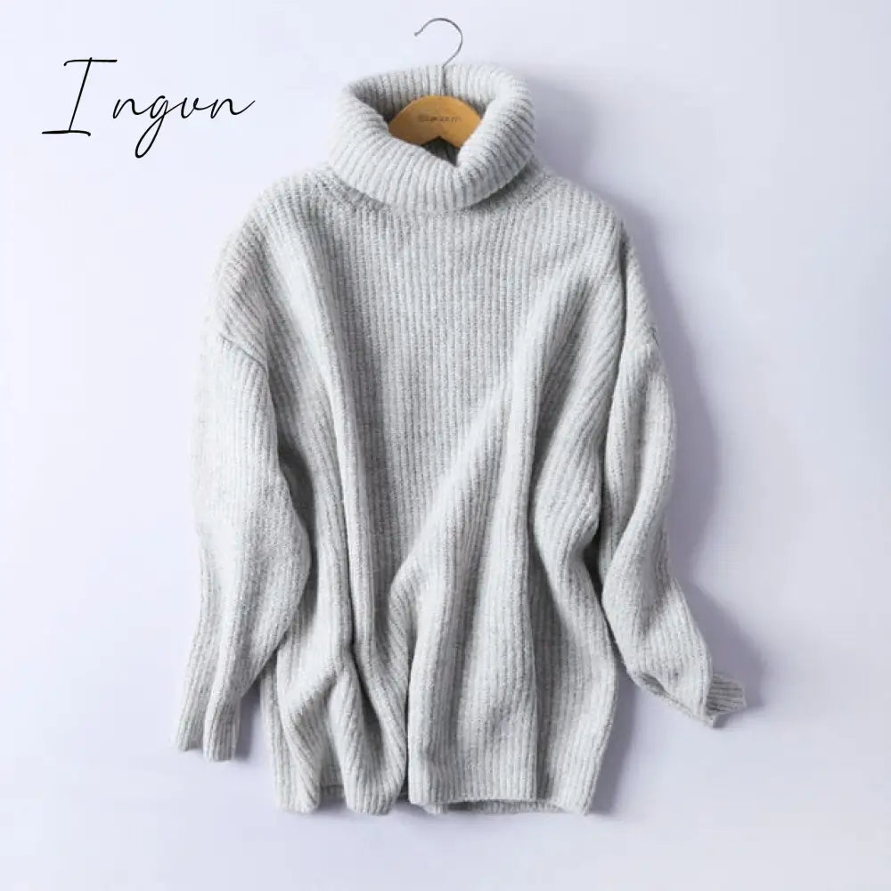 Ingvn - Women Oversize Basic Knitted Turtleneck Sweater Female Solid Collar Pullovers Warm New