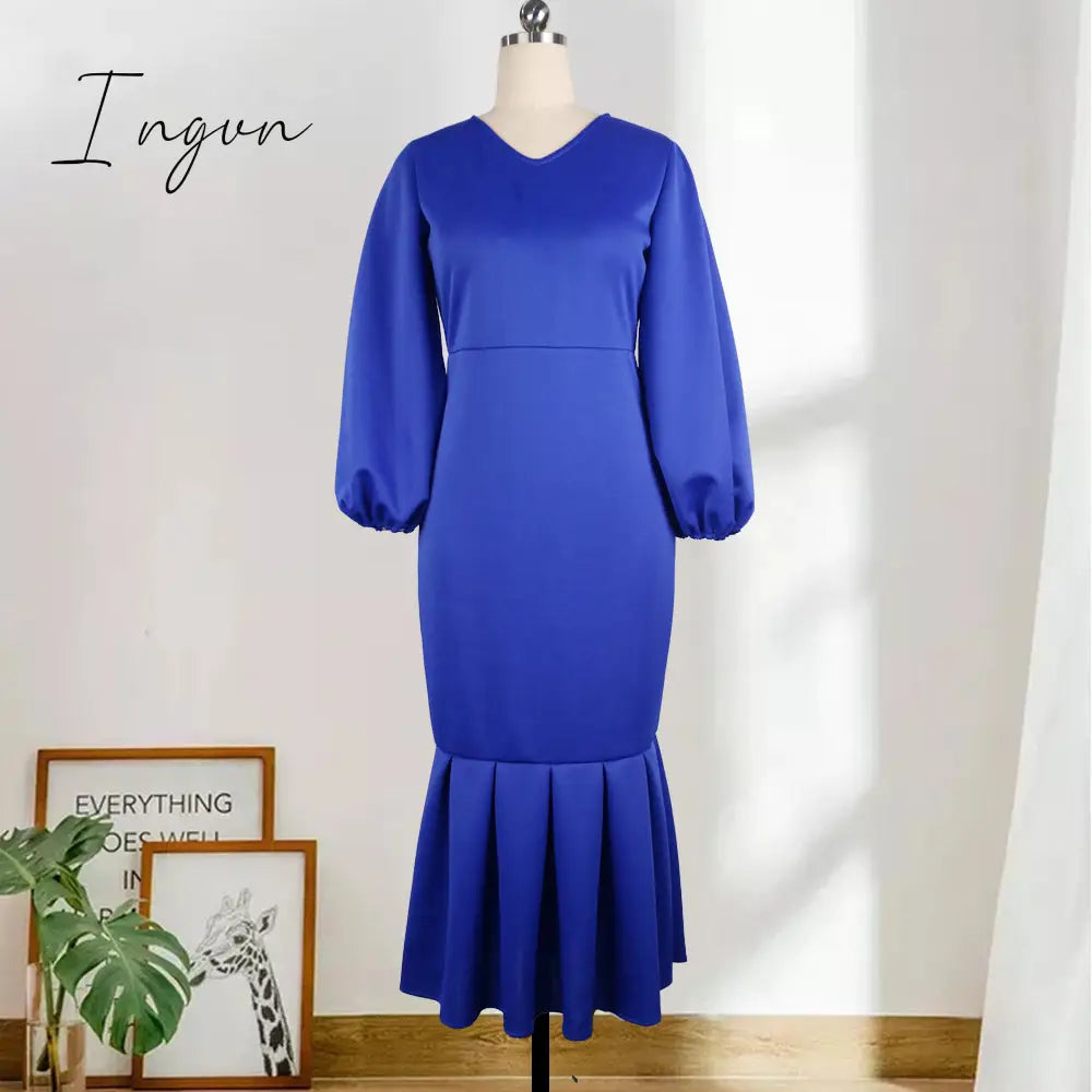 Ingvn - Women Party Dress V Neck Long Puff Sleeves Bodycon Sexy Event Occasion African Female