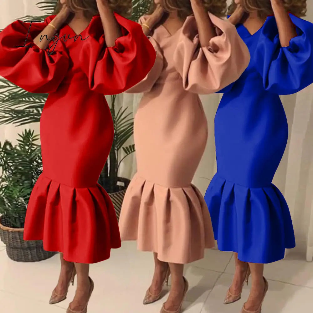 Ingvn - Women Party Dress V Neck Long Puff Sleeves Bodycon Sexy Event Occasion African Female