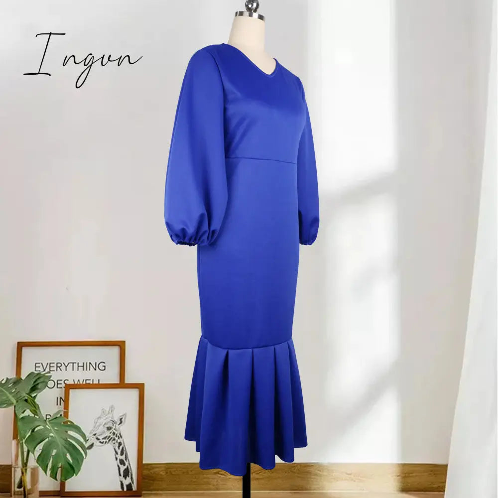 Ingvn - Women Party Dress V Neck Long Puff Sleeves Bodycon Sexy Event Occasion African Female