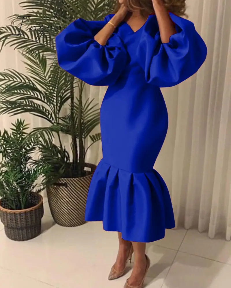 Ingvn - Women Party Dress V Neck Long Puff Sleeves Bodycon Sexy Event Occasion African Female