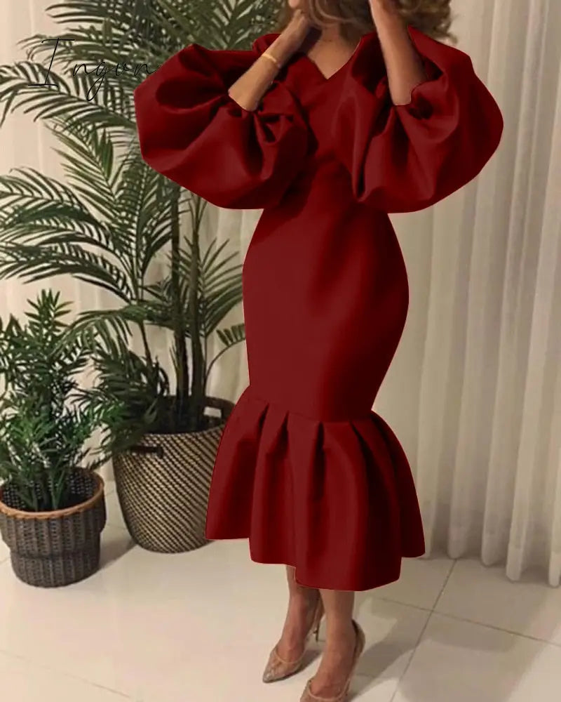 Ingvn - Women Party Dress V Neck Long Puff Sleeves Bodycon Sexy Event Occasion African Female
