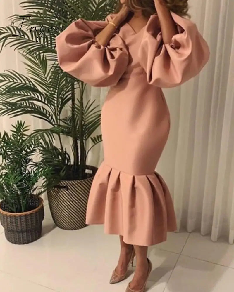 Ingvn - Women Party Dress V Neck Long Puff Sleeves Bodycon Sexy Event Occasion African Female