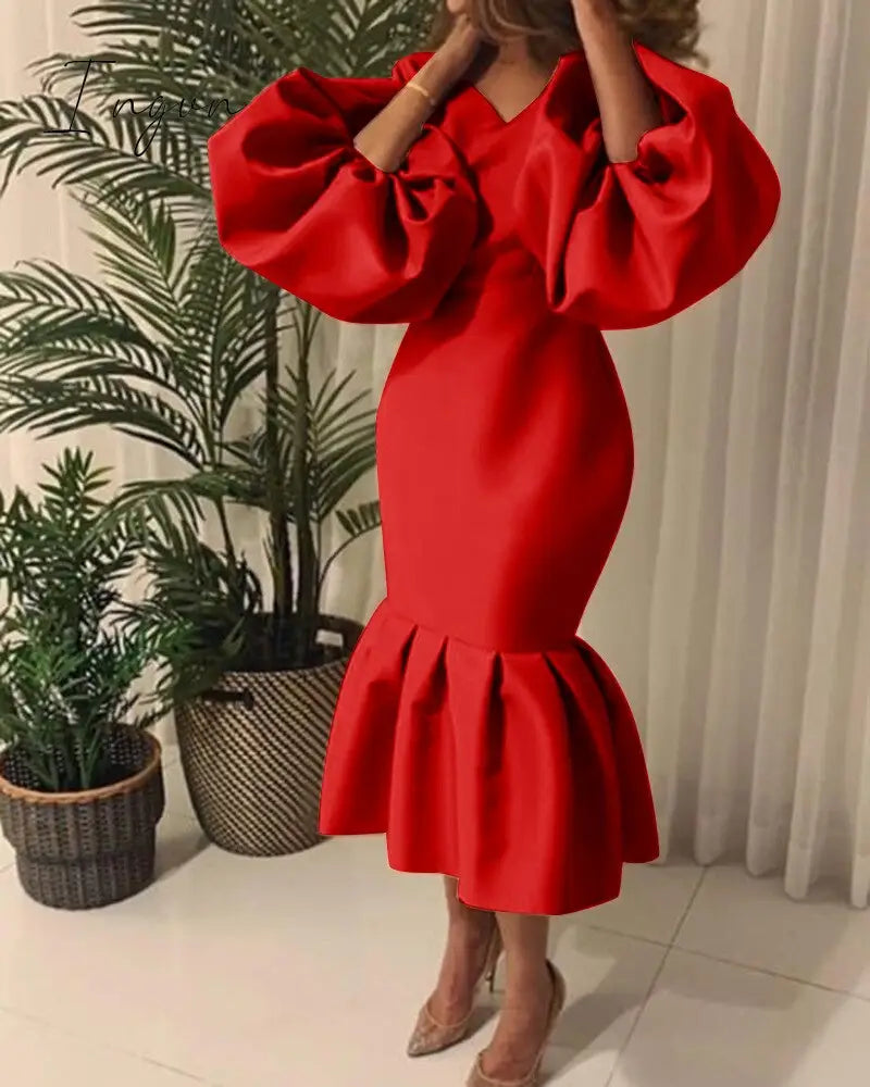 Ingvn - Women Party Dress V Neck Long Puff Sleeves Bodycon Sexy Event Occasion African Female