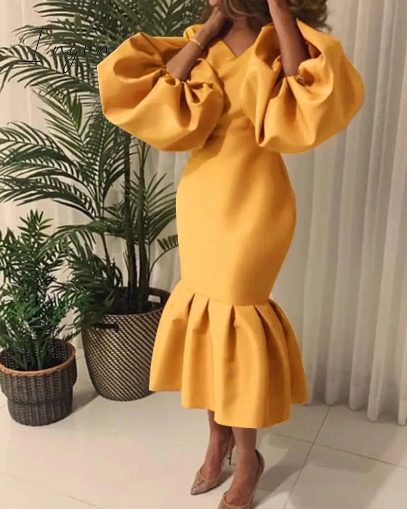 Ingvn - Women Party Dress V Neck Long Puff Sleeves Bodycon Sexy Event Occasion African Female