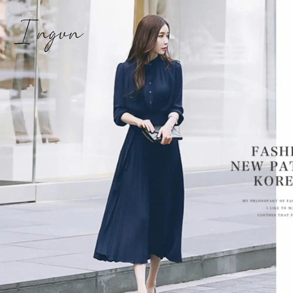 Ingvn - Women’s Dress Spring Pleated Fashion New Plaid Slim High Wasit Long Temperament Office