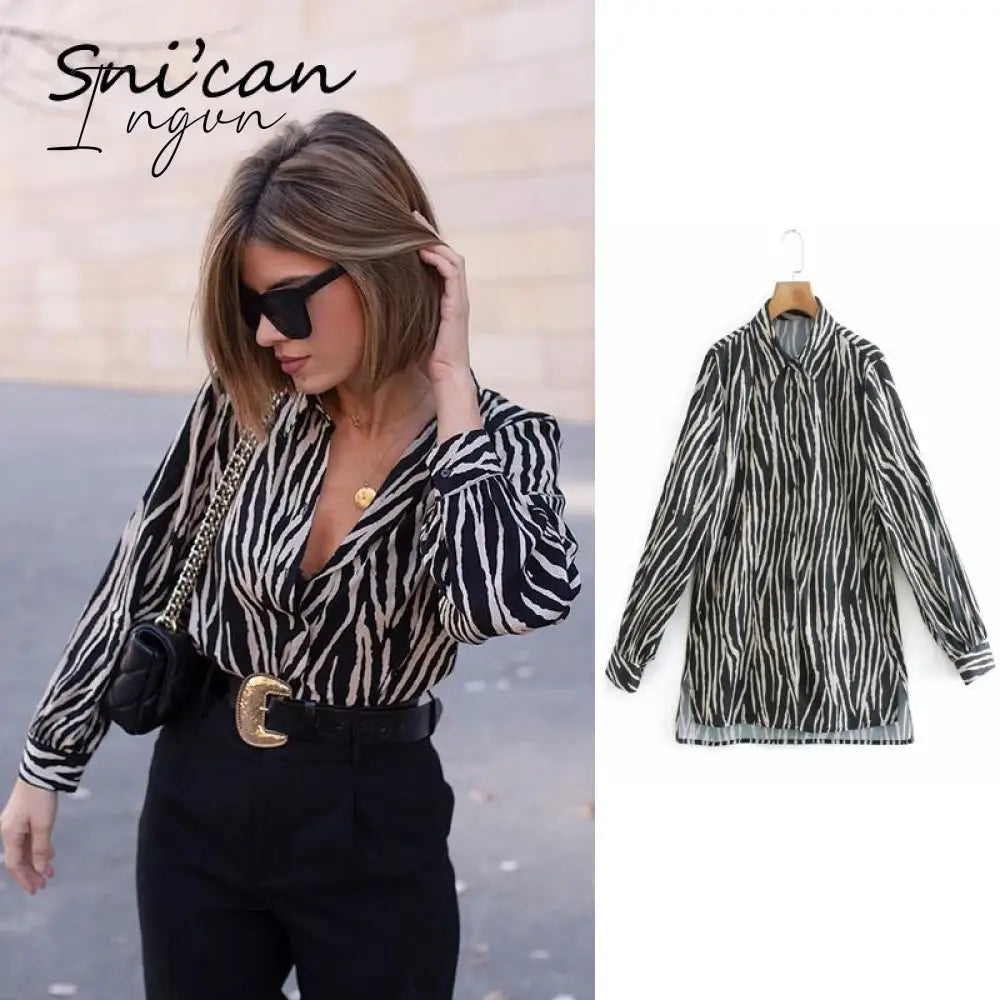 Ingvn - Women Satin Blouse Long Sleeve Zebra Print Shirts Vintage Office Ladies Tops Femme