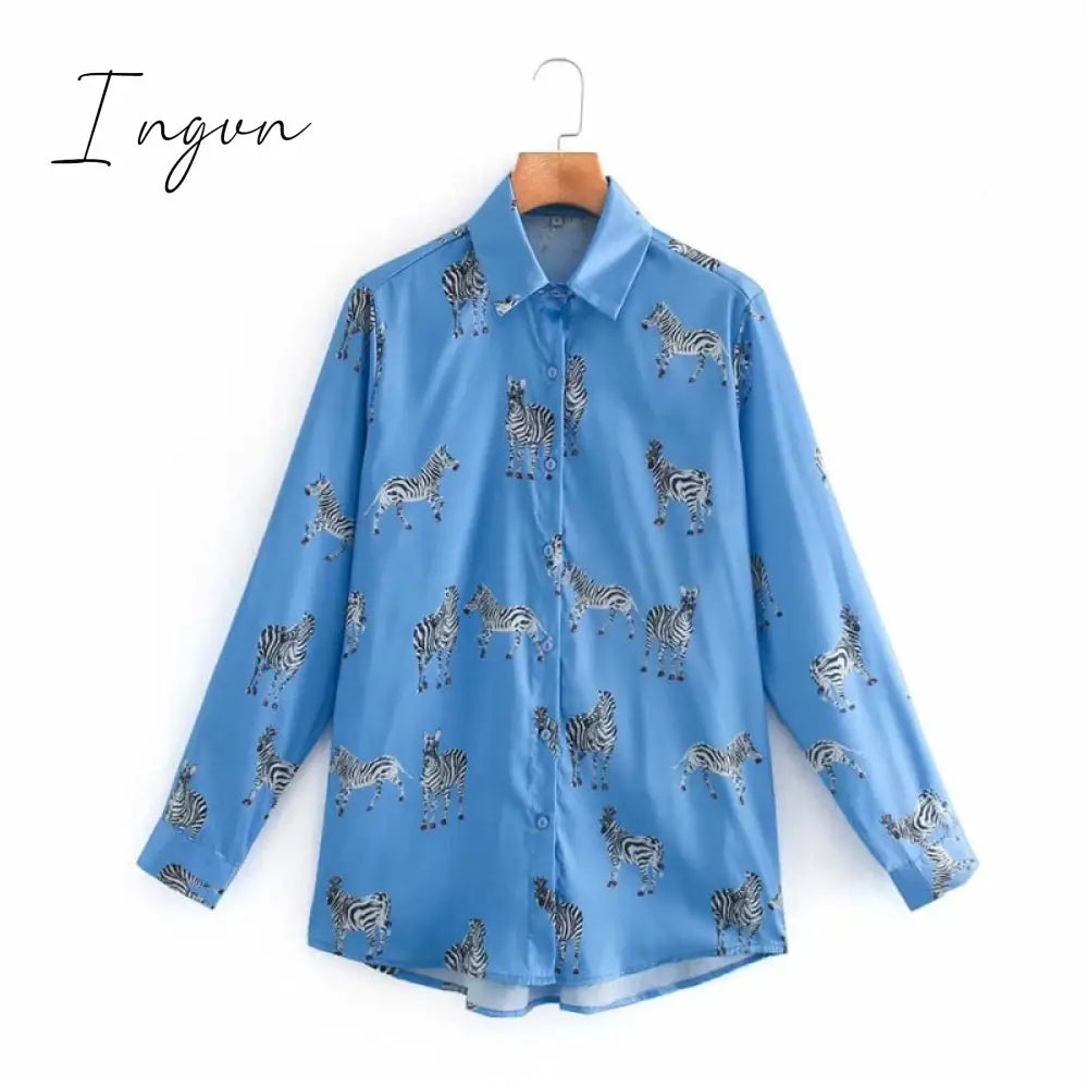 Ingvn - Women Satin Blouse Long Sleeve Zebra Print Shirts Vintage Office Ladies Tops Femme