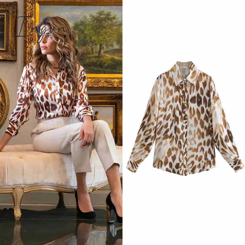 Ingvn - Women Satin Blouse Long Sleeve Zebra Print Shirts Vintage Office Ladies Tops Femme