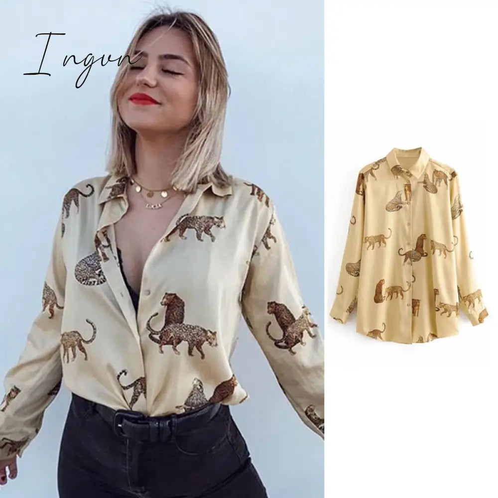 Ingvn - Women Satin Blouse Long Sleeve Zebra Print Shirts Vintage Office Ladies Tops Femme