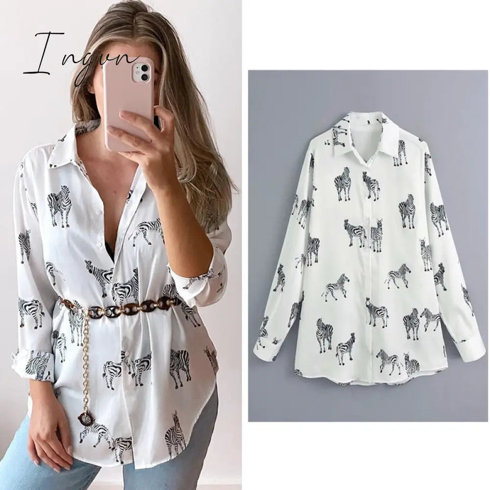 Ingvn - Women Satin Blouse Long Sleeve Zebra Print Shirts Vintage Office Ladies Tops Femme