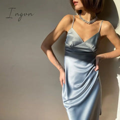 Ingvn - Women Satin Deep V Neck Sexy Dress Solid Straight Pajamas Party Elegant Female Summer