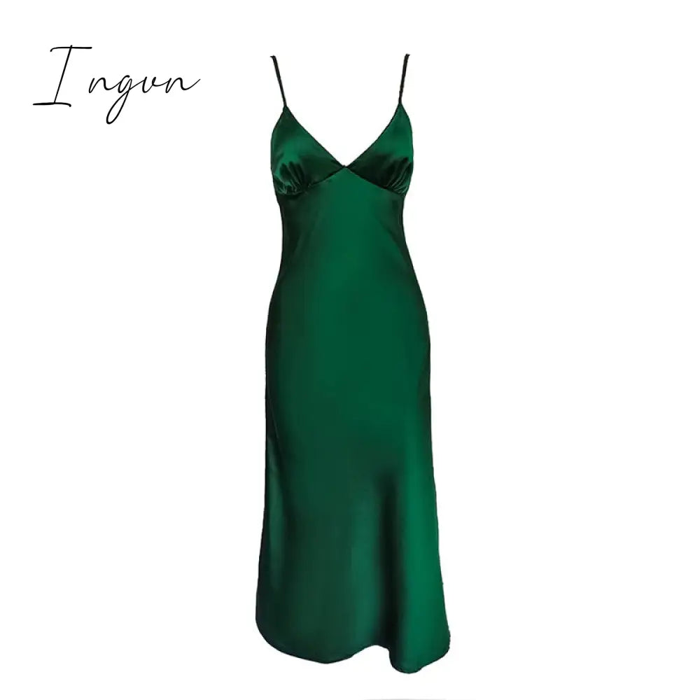 Ingvn - Women Satin Deep V Neck Sexy Dress Solid Straight Pajamas Party Elegant Female Summer