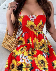 Ingvn - Women Sexy Open Back Sunflower Print Bandage Boho Maxi Dress Summer Beach Holiday Halter