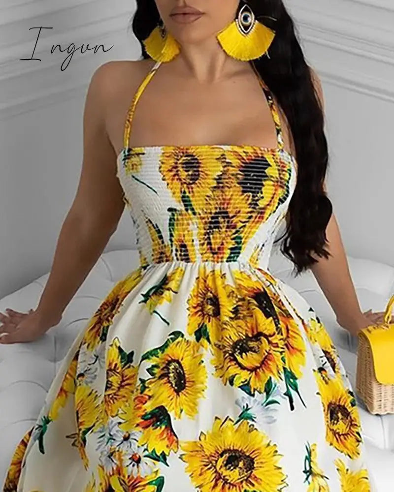 Ingvn - Women Sexy Open Back Sunflower Print Bandage Boho Maxi Dress Summer Beach Holiday Halter