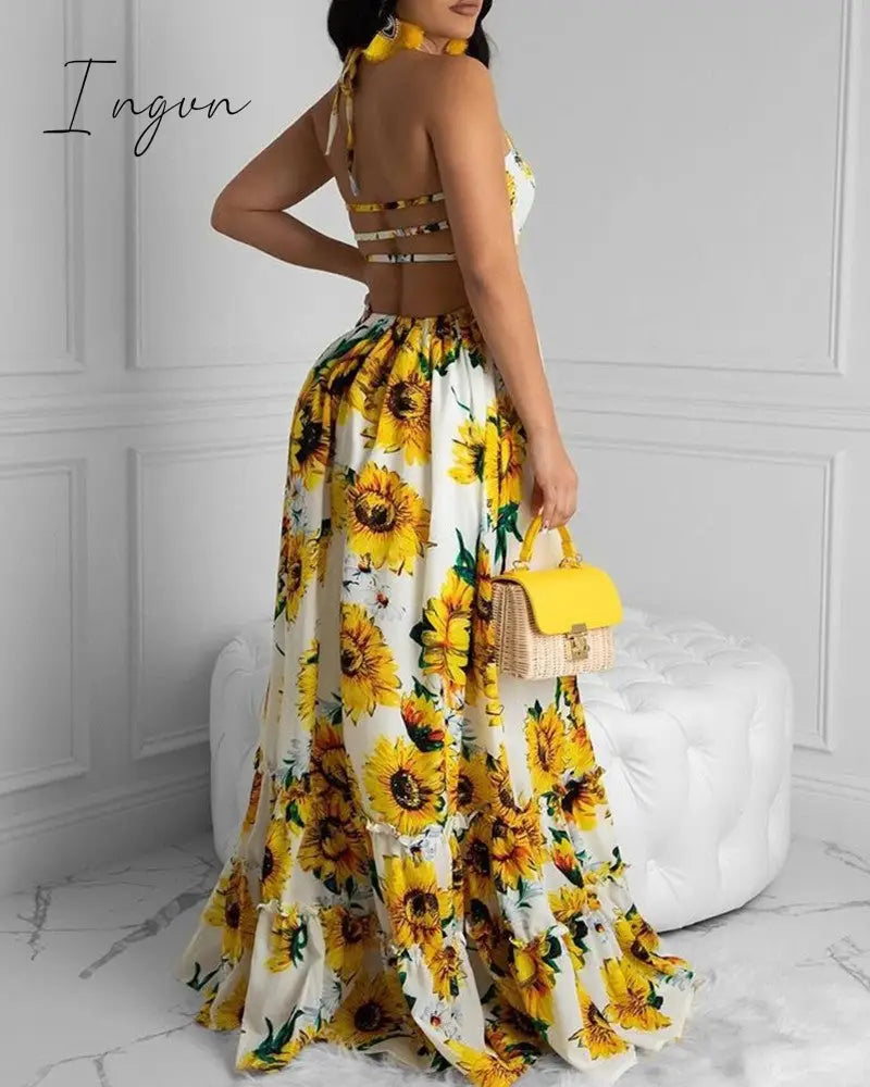 Ingvn - Women Sexy Open Back Sunflower Print Bandage Boho Maxi Dress Summer Beach Holiday Halter