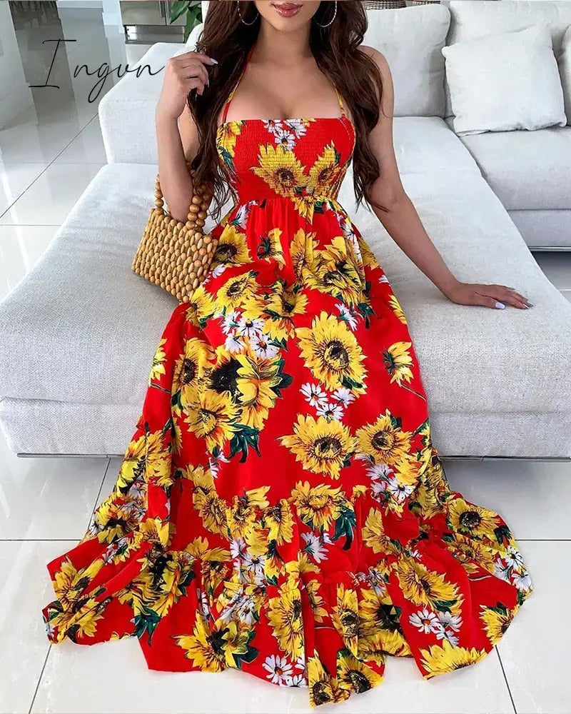 Ingvn - Women Sexy Open Back Sunflower Print Bandage Boho Maxi Dress Summer Beach Holiday Halter