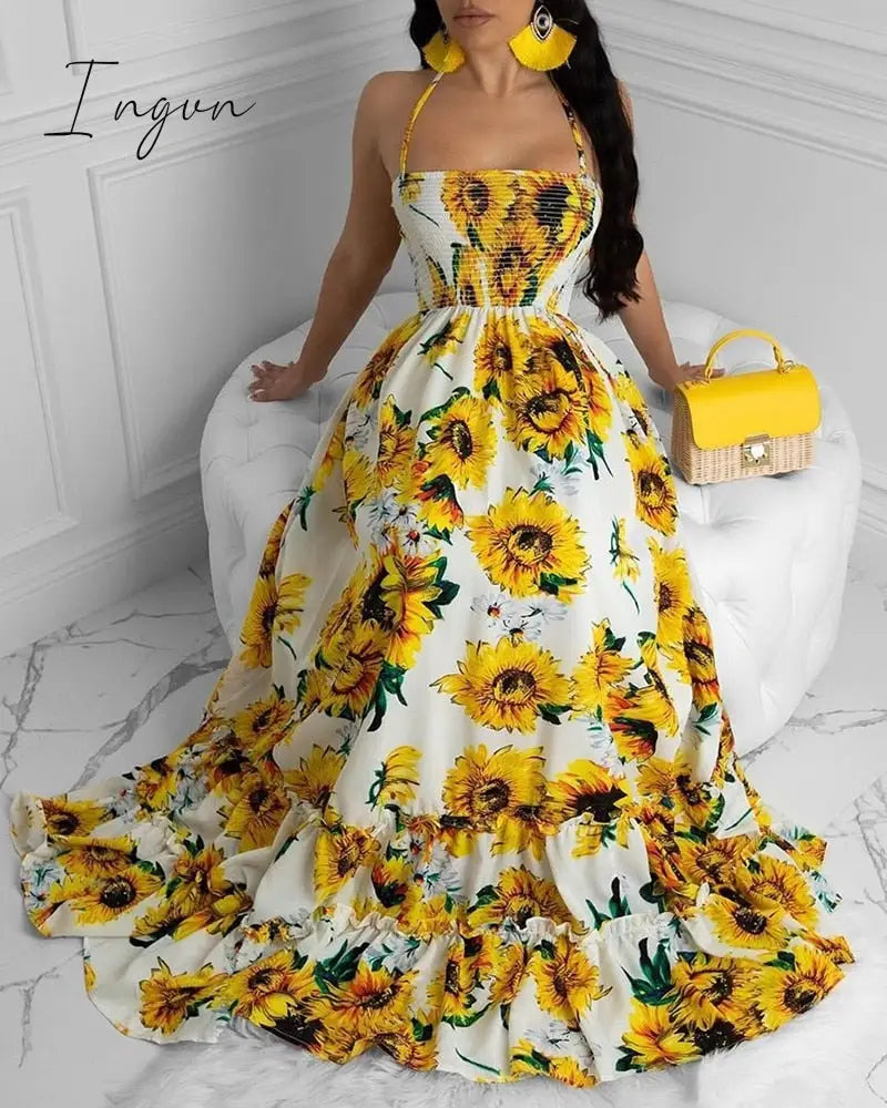 Ingvn - Women Sexy Open Back Sunflower Print Bandage Boho Maxi Dress Summer Beach Holiday Halter