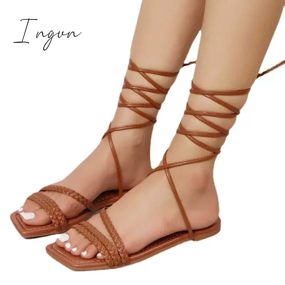 Ingvn - Women Shoes 2024 Summer Fashion Open Toe Flat Sandals Sexy Solid Color Lace Up Beach For